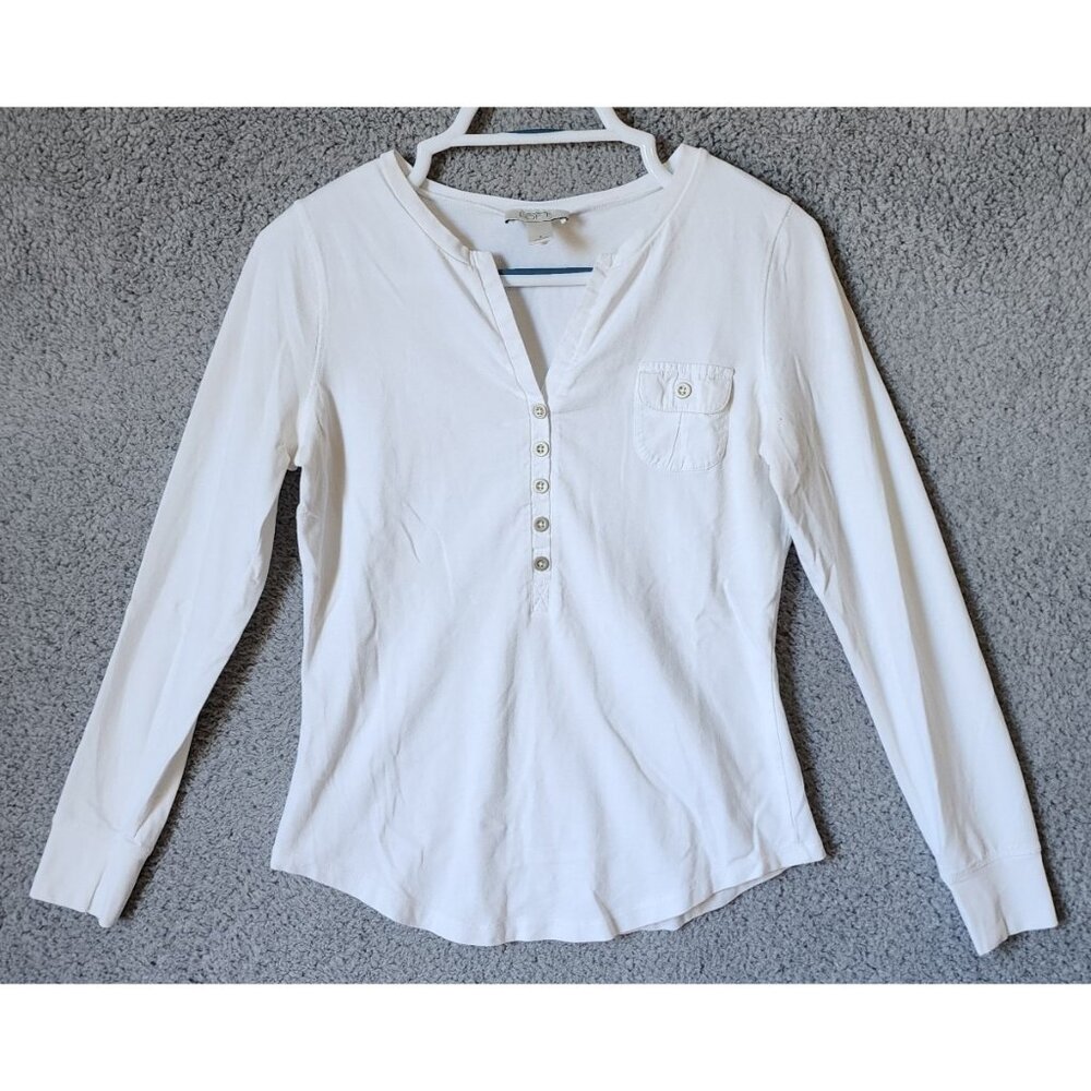 Loft Women's Long Sleeve Henley‎ V Neck Stretch Top White Casual Capsule Size S